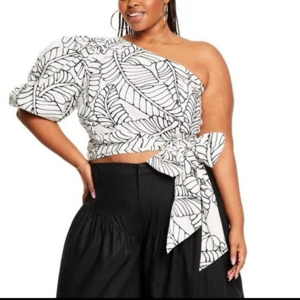 NWT Women's Sketch Palm Leaf Print Wrap Tie One Shoulder Top - Fe Noel x Target